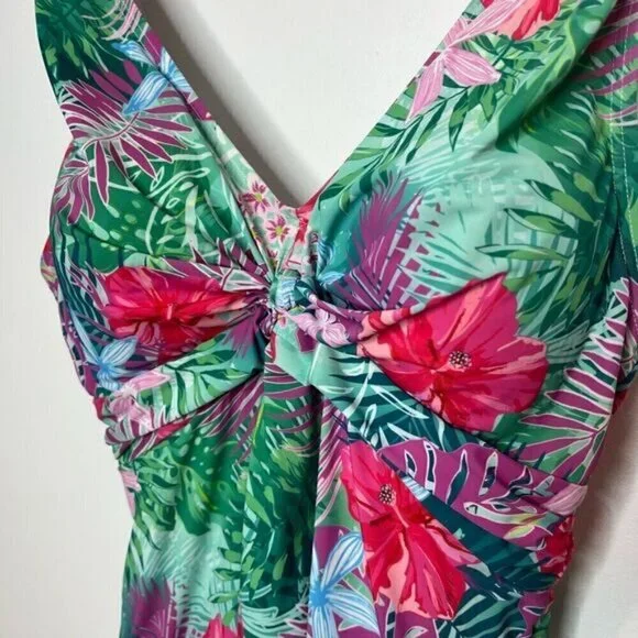 Swimsuits For All Women's Twist Front V-Neck Swimdress Hawaiian Floral Size 10 - Picture 5 of 16